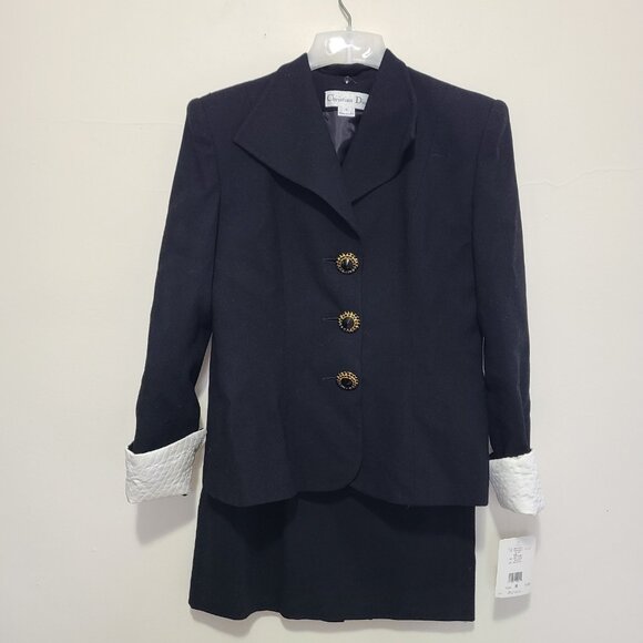 NWT CHRISTIAN DIOR Vintage Skirt & Blazer Suit Set Wool Gold Buttons Size 8 - Picture 1 of 16